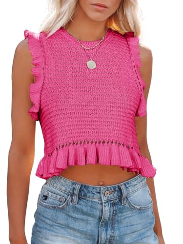 PiePieBuy Women's Summer Knit Tank Tops Crew Neck Sleeveless Cami Shirts Tees Ruffle Sweater Vest | Amazon (US)