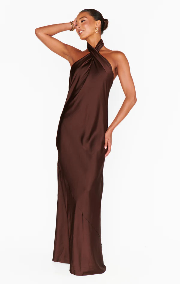 Jasmine Halter Maxi Dress ~ Chocolate Luxe Satin | Show Me Your Mumu