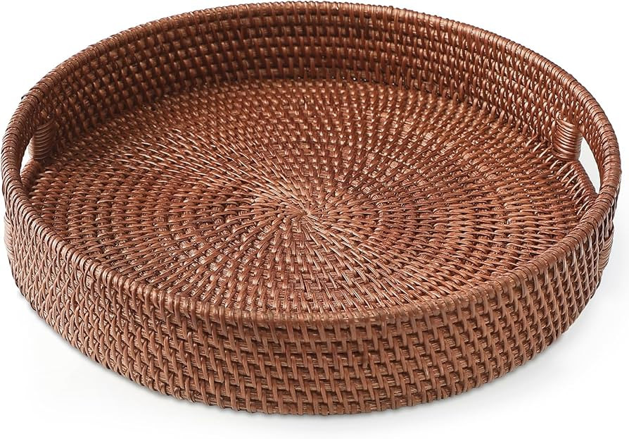 HITOMEN 11.8'' Hand-Woven Round Rattan Serving Tray Decorative Wicker Trays with Handles for Coff... | Amazon (US)