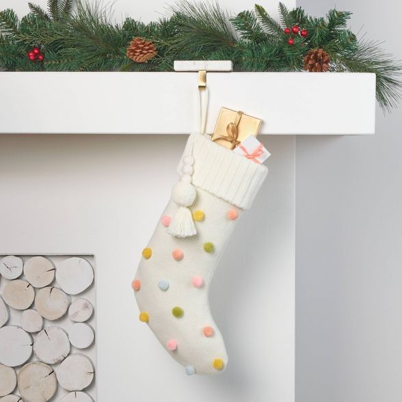 Baby Knit Christmas Stocking with Poms and Felted Ball Tassel Ivory - Wondershop™ | Target