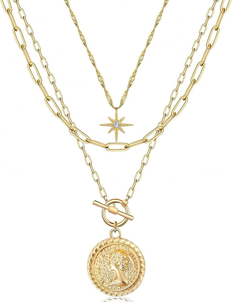 MJartoria Gold Layered Necklaces for Women Trendy, 14K Gold Plated Simple Star Choker Retro Coin ... | Amazon (US)