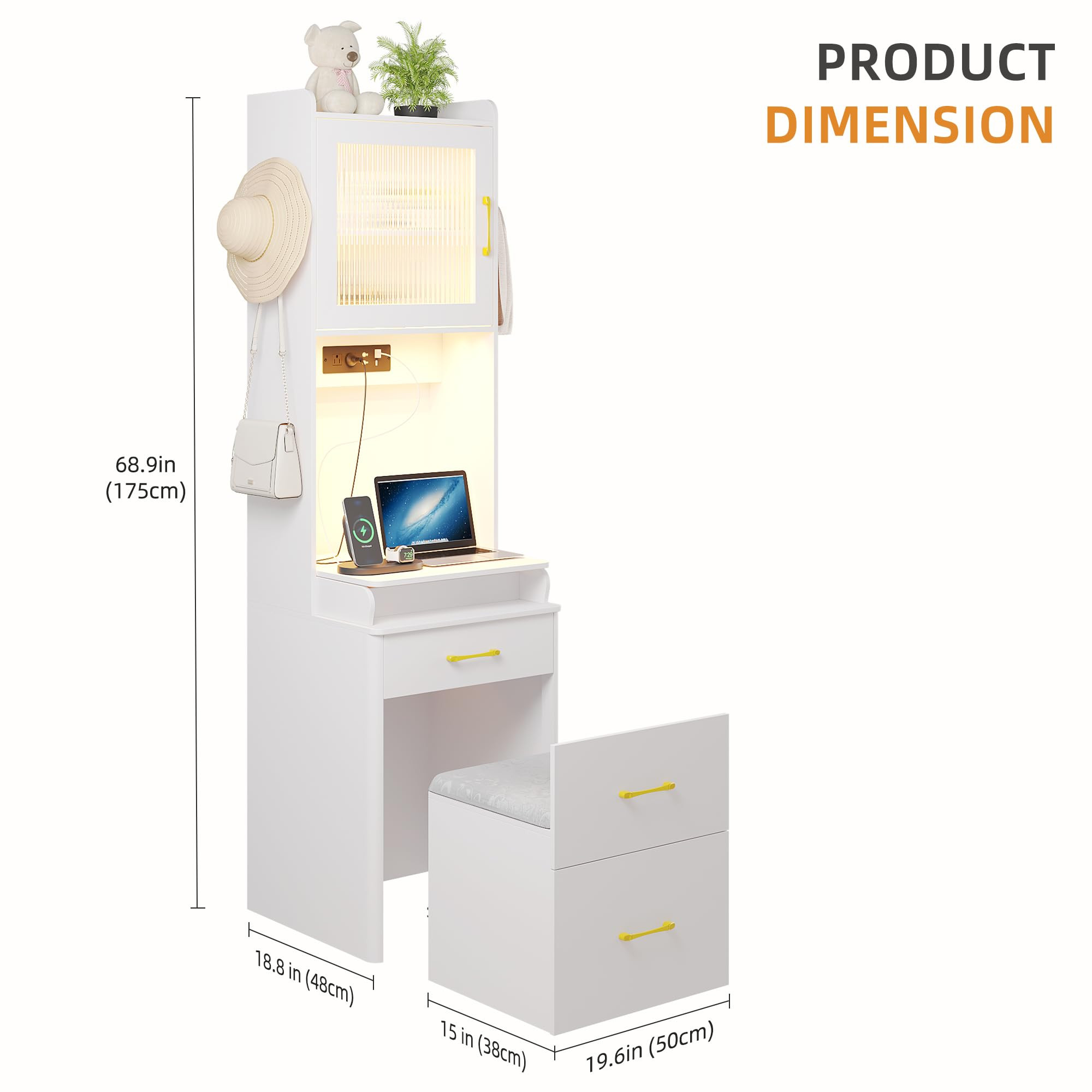 Gurexl 3 in 1 Vanity Desk with Human Sensor LED Light,Tall Makeup Vanity Set with 2 AC Outlets & ... | Amazon (US)