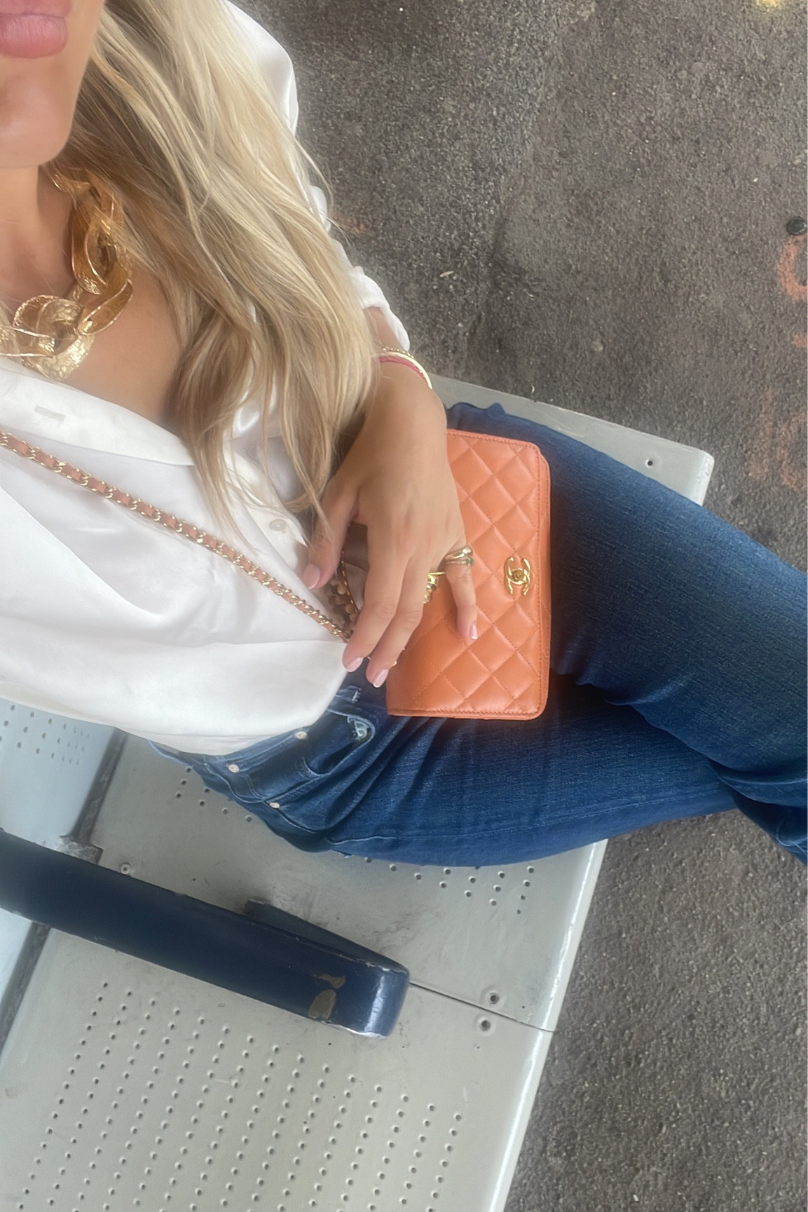 Shirt and jeans look, smart casual outfit, Mother jeans, white shirt, silk shirt, Paloma shirt, Chanel bag, orange bag, pop of colour, Mango necklace, chunky jewellery, gold accessories 

#LTKeurope #LTKSeasonal #LTKstyletip