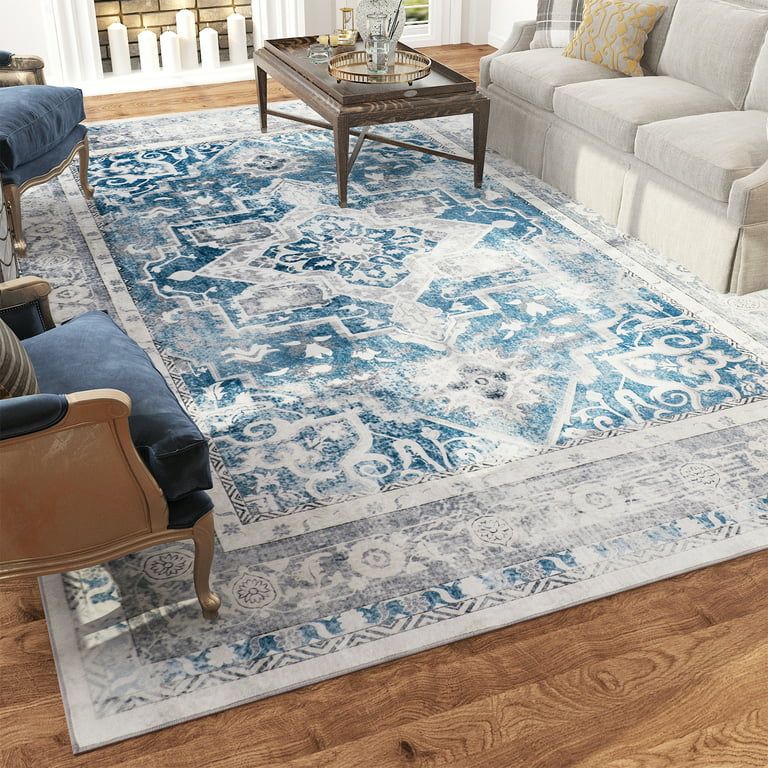 MontVoo Area Rug 5x7ft Retro Washable Rugs for Living Room Bedroom Blue and Cream | Walmart (US)