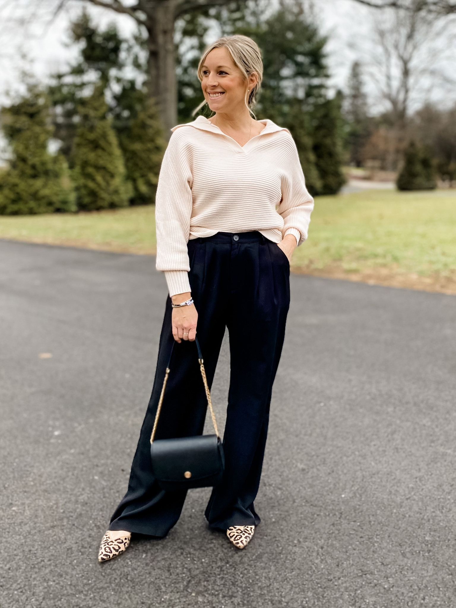 Neutral winter outfit | ivory v neck lapel collar sweater with black pleated wide leg trousers and leopard flats finish it off with a black cross body or shoulder bag with gold chain and you’re ready for the office! My trousers are actually a new arrival and can’t be linked just yet. But I’ll do so as soon as they’re live and in the meantime, I’ve linked a similar pair!

#LTKunder50 #LTKstyletip #LTKshoecrush