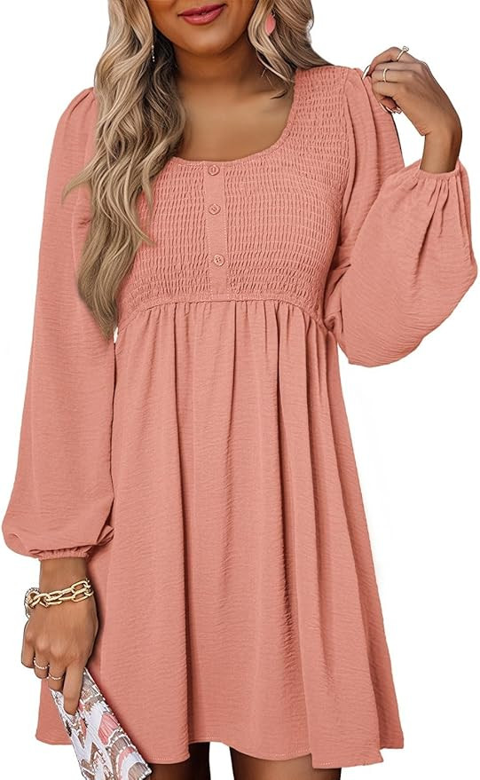 Dokotoo Womens 2026 Casual Dresses Smocked Crewneck Button Up Long Sleeve Empire Waist A-Line Min... | Amazon (US)
