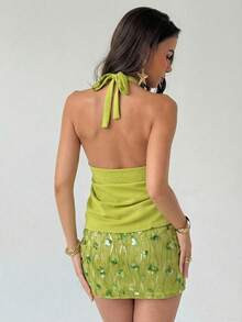 Aloruh Lime Green Summer Casual Beach Holiday Vacation Holiday Sequined Backless Tank Top&Mini Sk... | SHEIN
