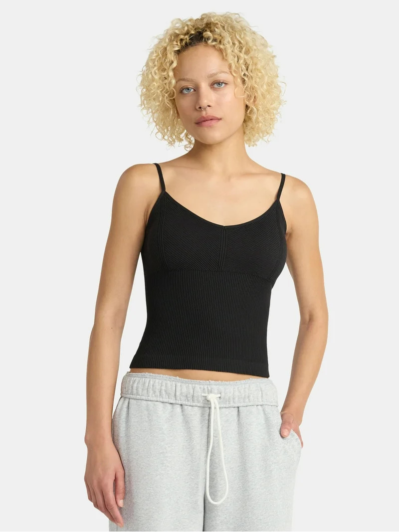 No Boundaries Seamless Miter Textured V-Neck Cami with Demi Cups, Women's | Walmart (US)
