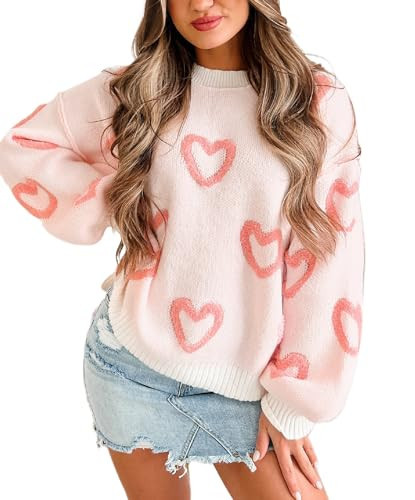 Women's Cute Heart Sweater Love Print Valentines Day Knitted Top Casual Crewneck Long Sleeve Sweaters Pullover (Coral Red,L) | Amazon (US)
