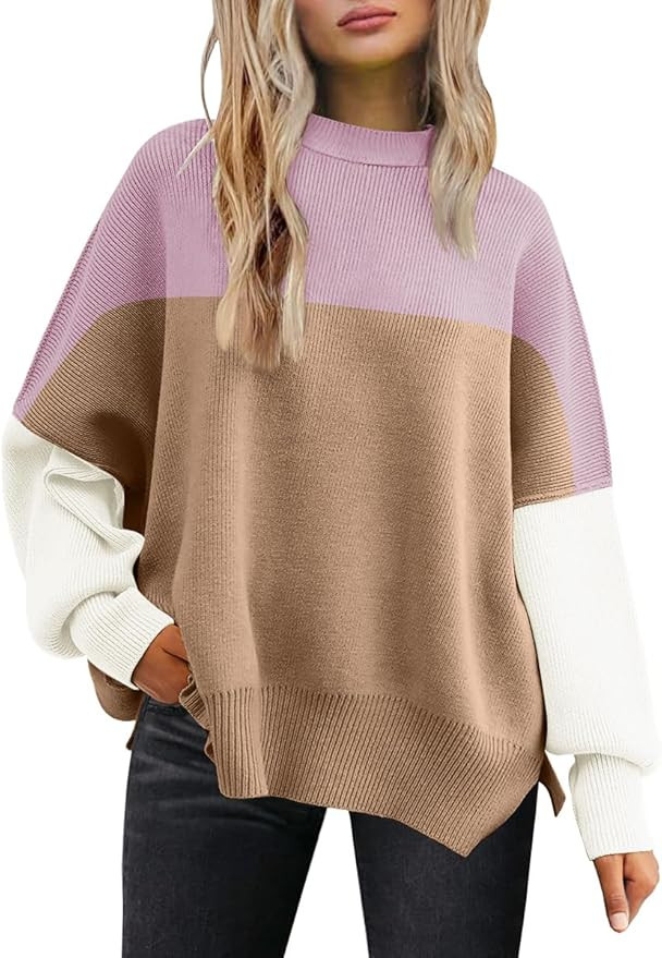 LILLUSORY Women's Oversized Batwing Sweaters 2024 Fall Outfits Crewneck Ribbed Knit Side Slit Tre... | Amazon (US)