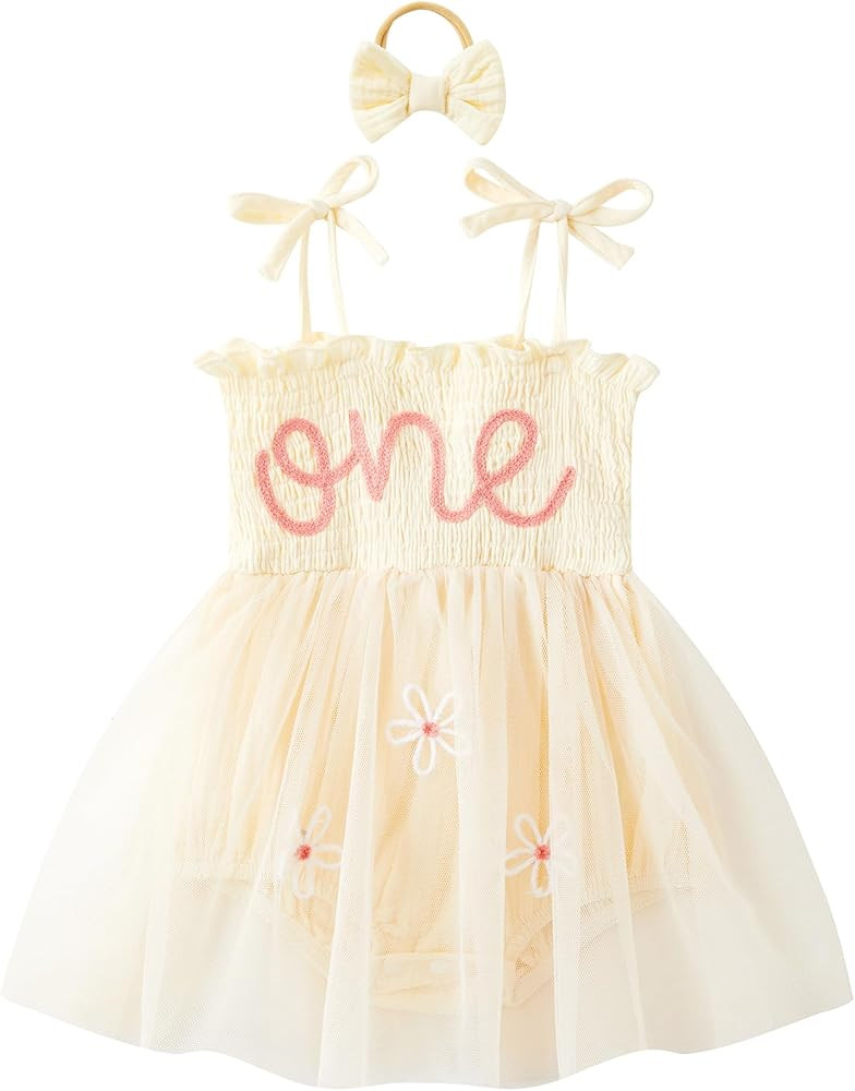 Baby Girl First Birthday Outfit Summer Sleeveless Smocked Fairy Berry One Romper Tulle Dress + He... | Amazon (US)