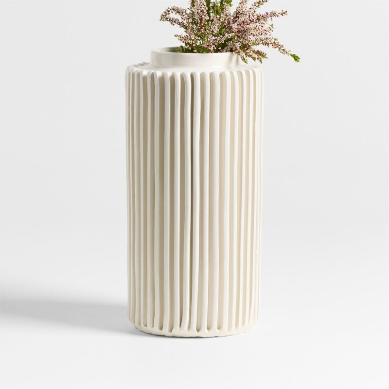 Della Small White Ceramic Ribbed Vase 12" | Crate & Barrel | Crate & Barrel
