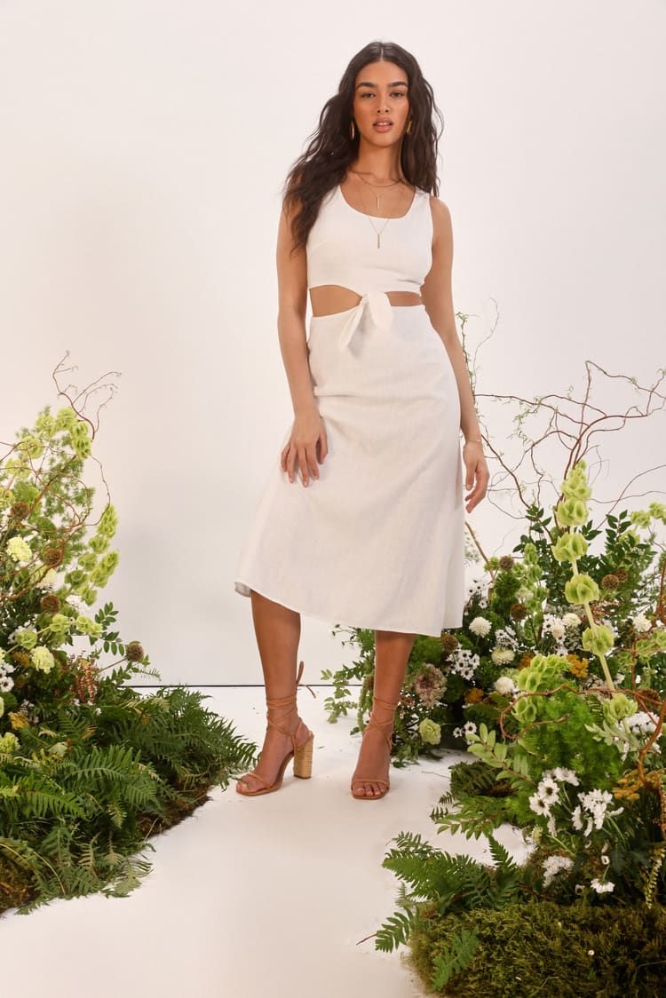 Stun All Summer White Linen Cutout Tie-Front Midi Dress | Lulus (US)