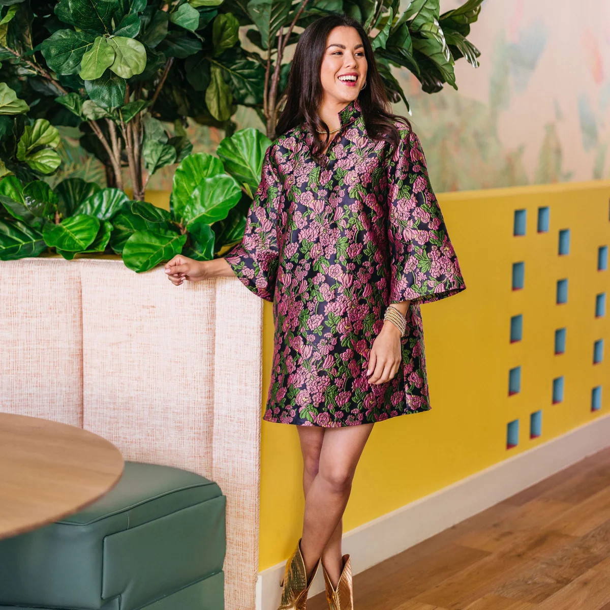 Keri Jacquard Floral Dress Navy | Caryn Lawn