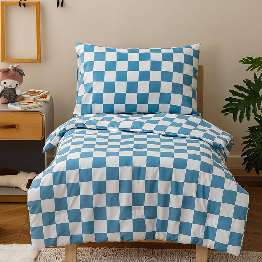 CLOTHKNOW 4Pieces Blue Plaid Toddler Bedding Sets for Boys Grils, Blue White Grid Pattern, Soft C... | Amazon (US)