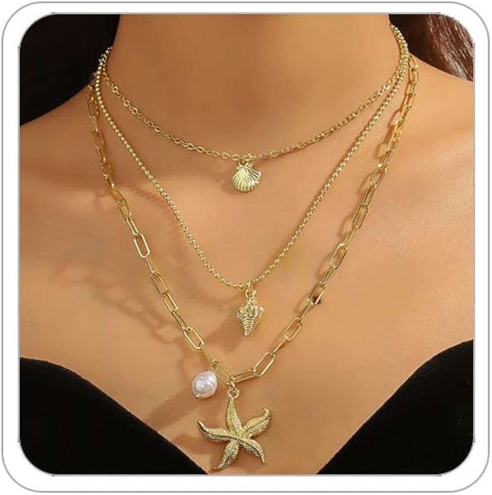 Gold Starfish Necklaces for Women Bohemian Mermaid Necklaces Summer Ocean Seashell Charm Necklace... | Amazon (US)