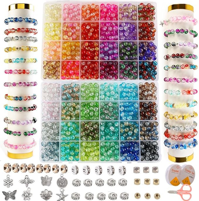 XJRLUK Glass Beads Bracelet Making Kit,1350PCS 48 Colors 8mm Crackle Glass Beads for Jewelry Maki... | Amazon (US)