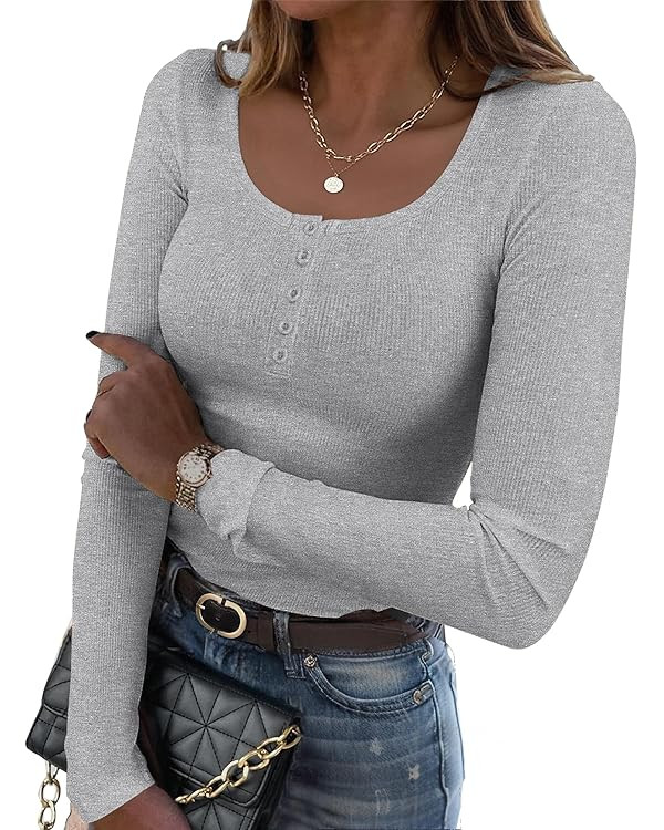 Zeagoo Women's Long Sleeve Shirts Casual Square Neck Tops Slim Fit Rib Knit Basic Tee 2025 Fall S... | Amazon (US)
