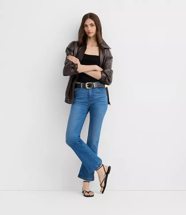 Rivete Mid Rise Kick Crop Jeans in Dark Wash | LOFT