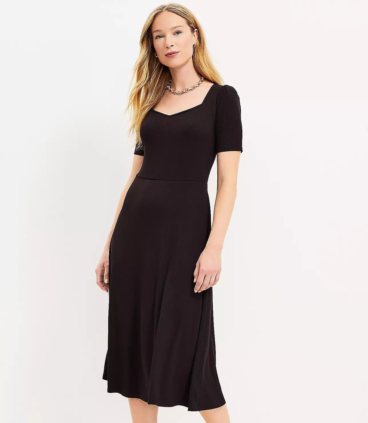 Squared V-Neck Flare Midi Dress | LOFT