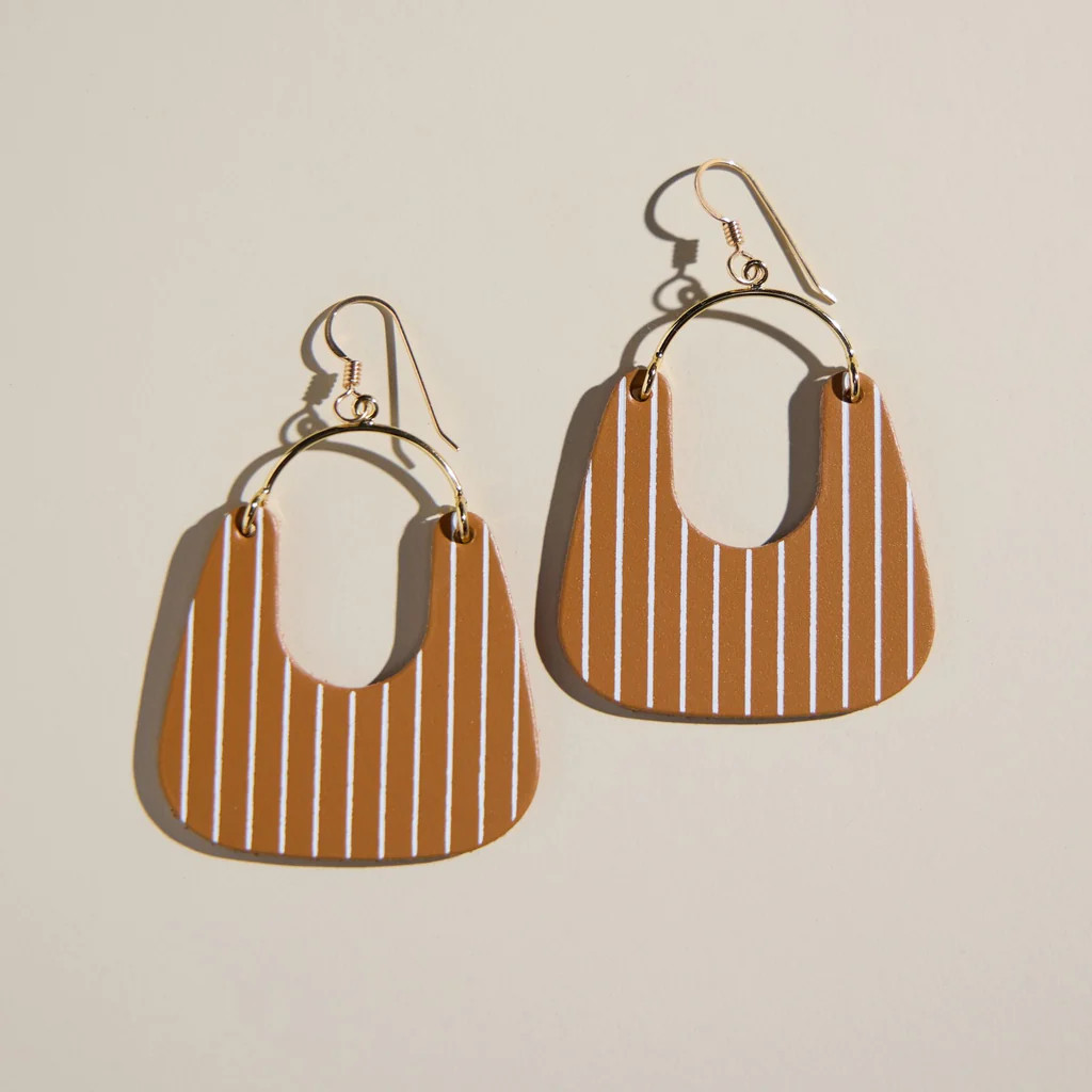 London Tan Pinstripe Nora Leather Hoop Earring | Nickel and Suede