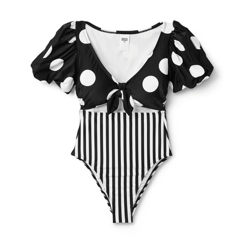 Women's Striped/Dot Print Puff Sleeve Tie-Front One Piece Swimsuit - Tabitha Brown for Target Bla... | Target