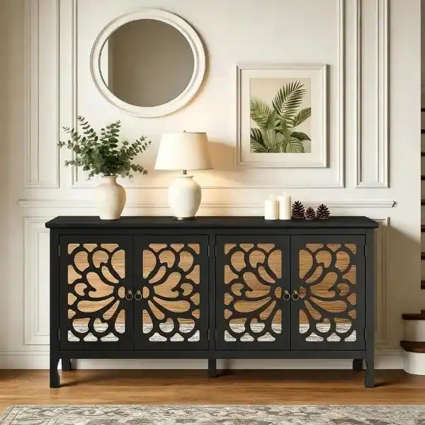 63'' Modern Buffet Cabinet with Mirrored Door and Adjustable Shelves - Black | Bed Bath & Beyond