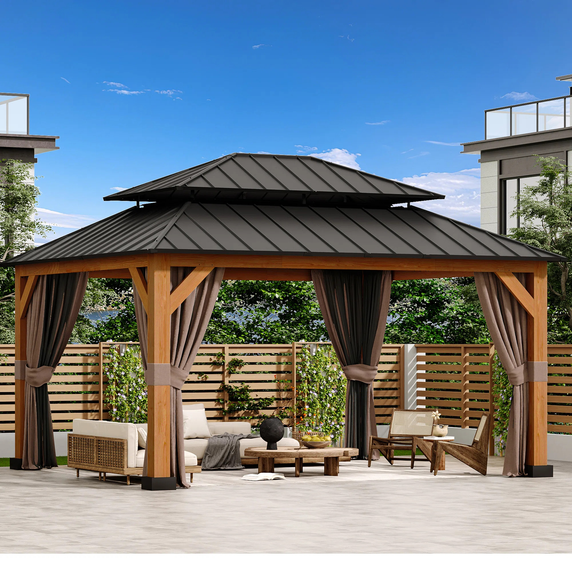 15 Ft. W x 13 Ft Aluminum Hardtop Patio Gazebo with Mosquito Netting & Privacy Curtains – Weath... | Wayfair North America