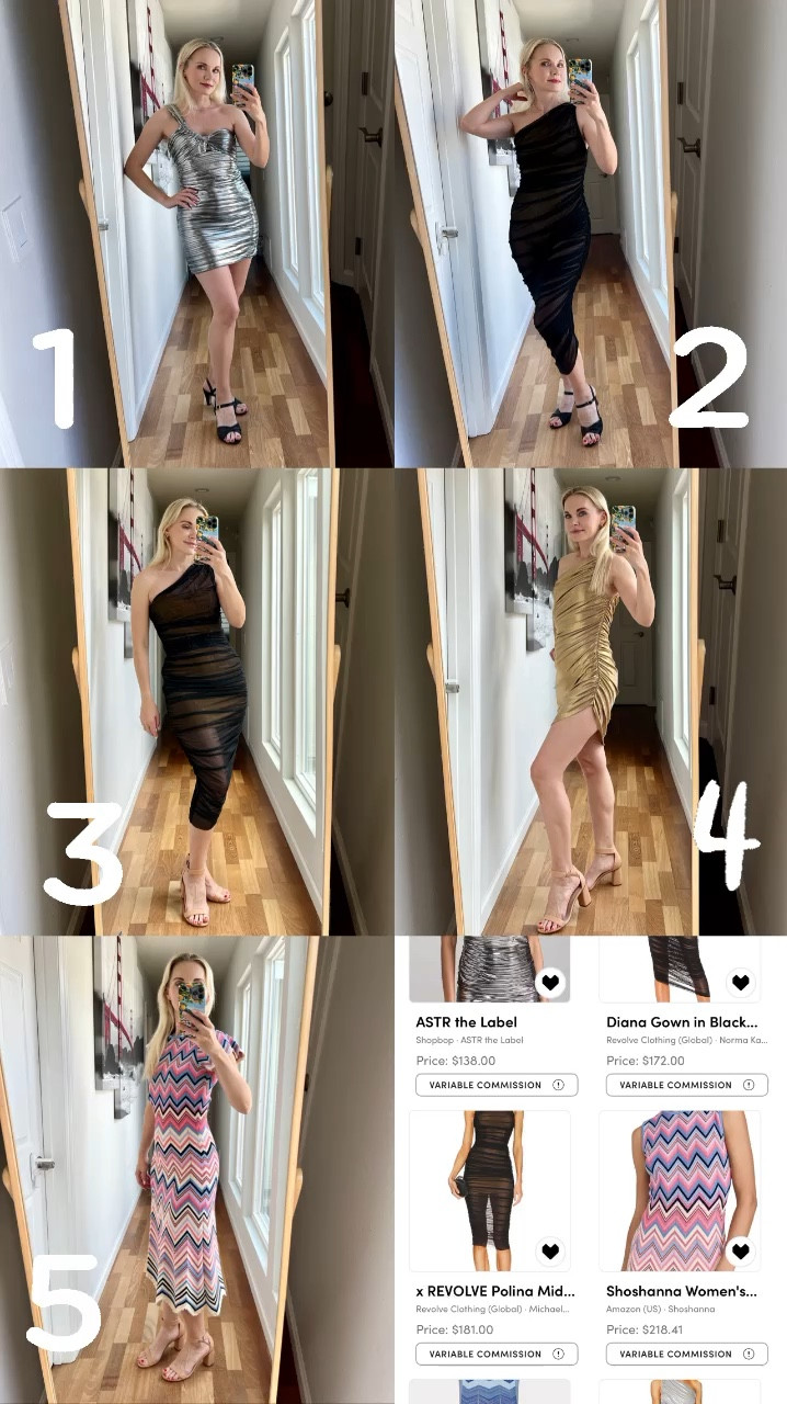Help me to choose a dress for my birthday celebration and a dress for Mother’s Day brunch. Here are the options:
 
Dress #1 - ASTR the Label 
Golda Dress 

Dress #2 - Norma Kamali
Diana Gown in Black Mesh

Dress #3 - Norma Kamali
Diana Metallic One-Shoulder Minidress

Dress #4 - Michael Costello 
x REVOLVE Polina Midi Dress

Dress #5 - Shoshanna 
Simone Chevron Knee-Length Dress

Use BD and MDB and a number of the dress you like for the occasion (e.g. BD4 and MDB1).

Can’t wait to see what you choose for me! 🤗

#dresses #outfitinspo #styleinfluencer #fashionista #tryonhaul #ootd #birthdaydress #mothersday 



#LTKParties #LTKStyleTip