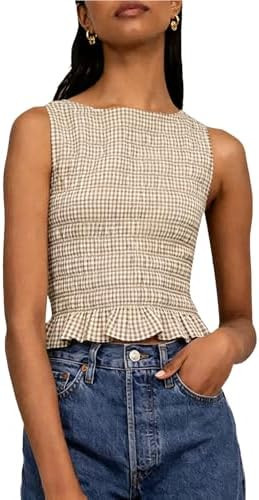 Women Shirred Tank Top Ruffle Sleeveless Tanks Frill Smocked Halter Cami Tops Summer Streetwear | Amazon (US)