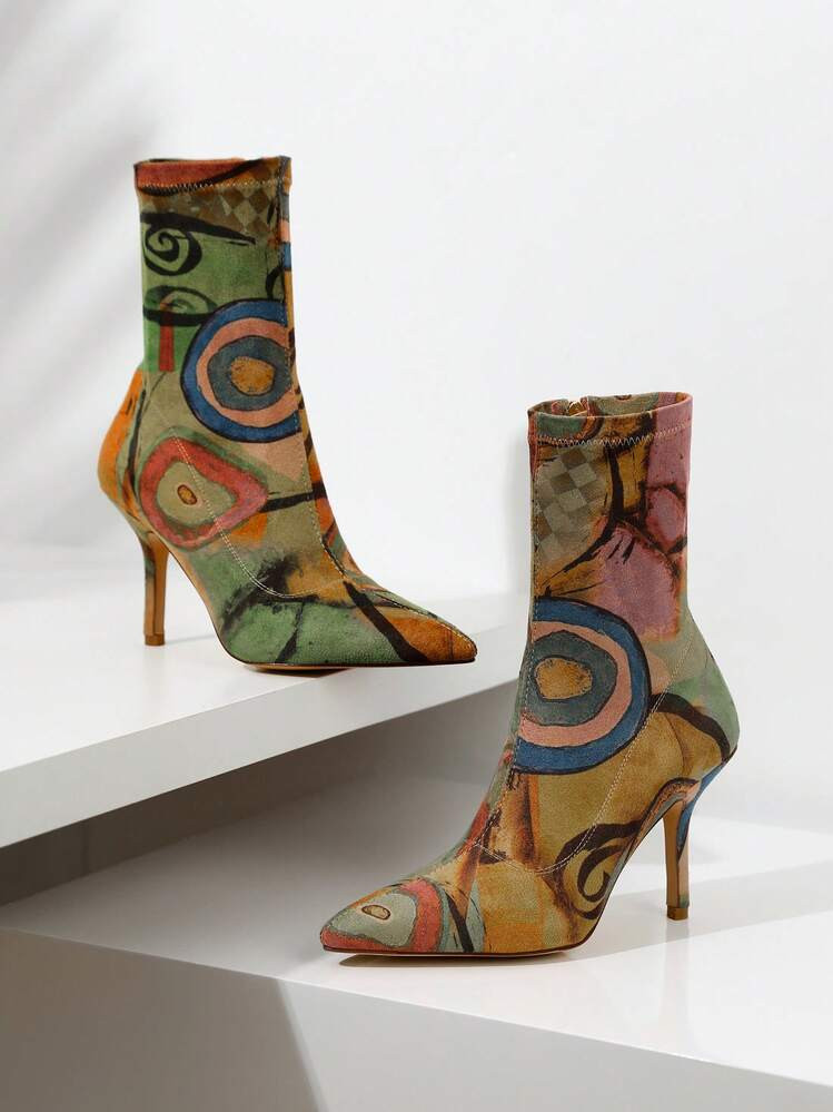 Fabric Pattern Random Unique Sexy Stretch Pointed Toe Elastic Stiletto High Heel Side Zip Mid-Calf Ankle Boot With Random Print - Stiletto Heel Boots For Women, Autumn And Winter Boots Featuring All Over Print (Each Pair May Have A Different Pattern, Bringing Different Surprises) | SHEIN