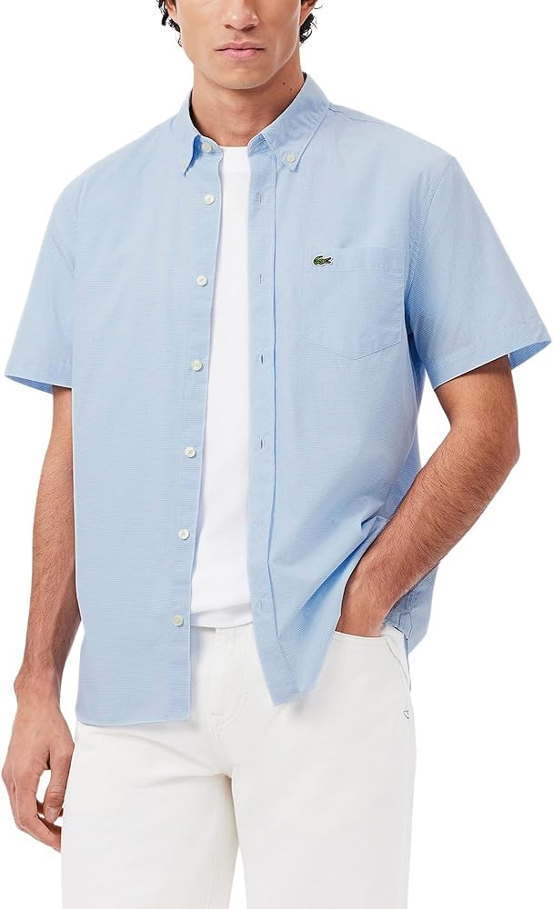 Lacoste Men's Short Sleeve Regular Fit Gingham Button Down Shirt | Amazon (US)