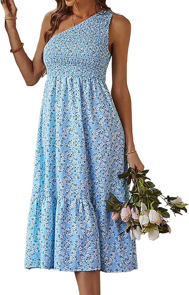 Women One Shoulder Sleeveless Casual Summer Dresses Smocked High Waist Floral Print Boho Pleated Swi | Amazon (US)