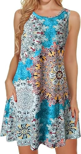 Tshirt Dresses for Women Summer Beach Sundress Boho Sleeveless Floral Sundress Pockets Swing Casual Loose Dress(Light Blue,M) | Amazon (US)