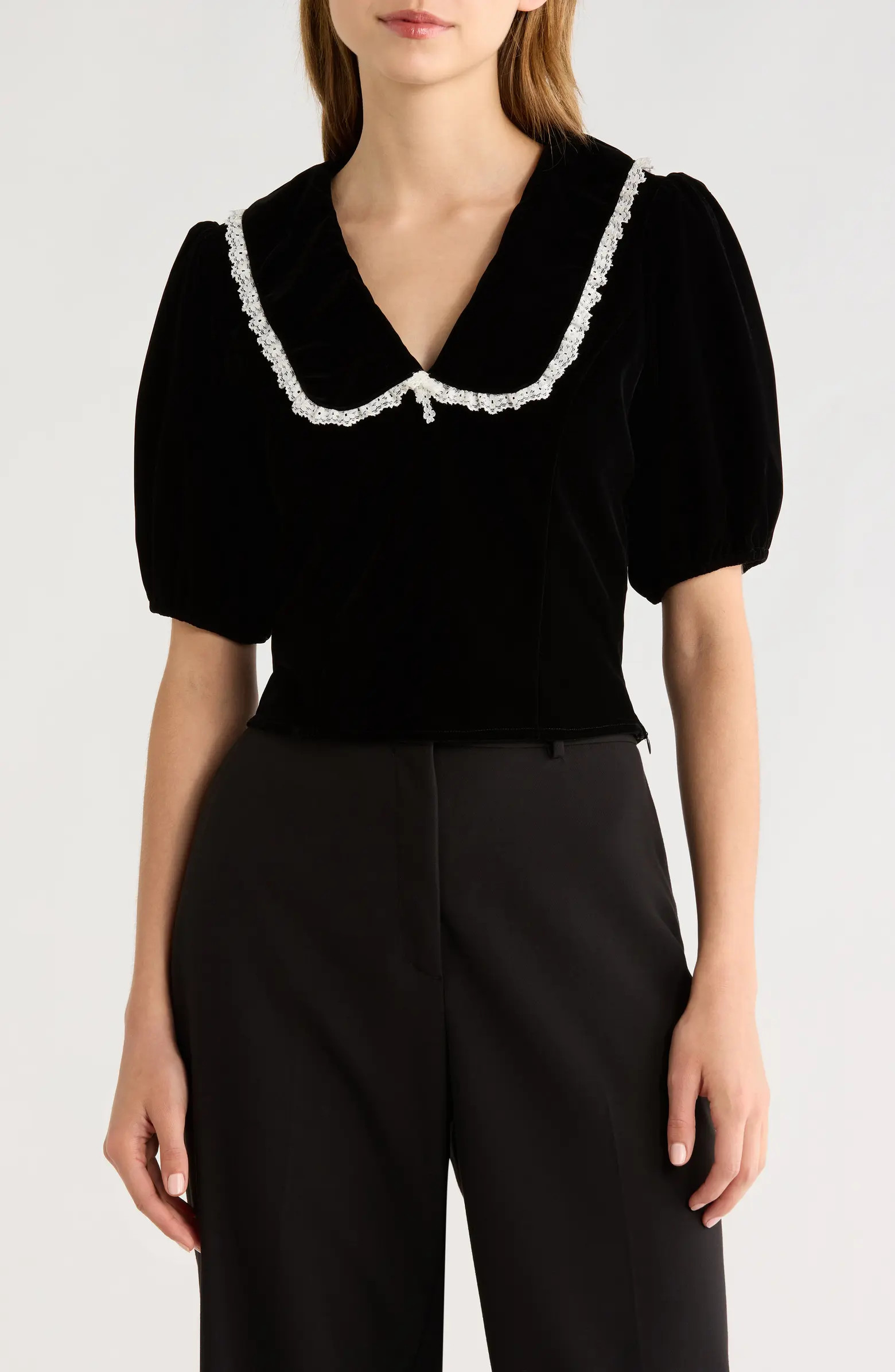 Velvet Embroidered Peter Pan Collar Crop Top | Nordstrom