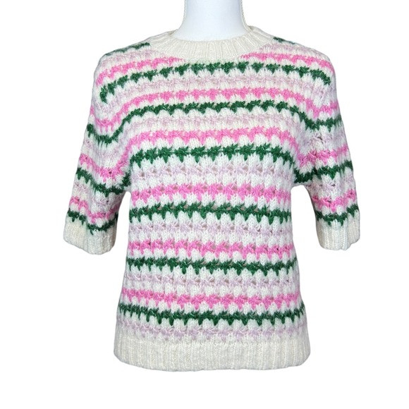 ZARA Striped Knit Sweater Short Sleeve Crew Neck‎ Cream Pink Green Size S | Poshmark