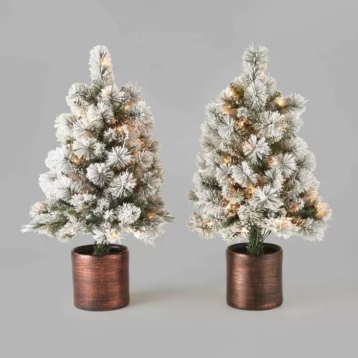 3ft/2pk Pre-Lit Flocked Virginia Pine Potted Artificial Christmas Tree Clear Lights - Wondershop... | Target