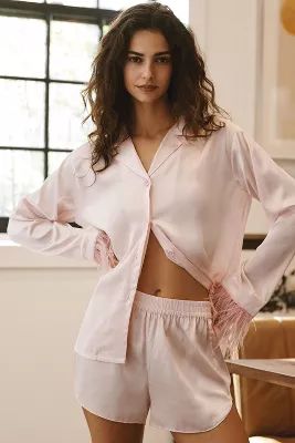 Audrey Adele Feather-Trim Pajama Blouse & Shorts Set | Anthropologie (US)