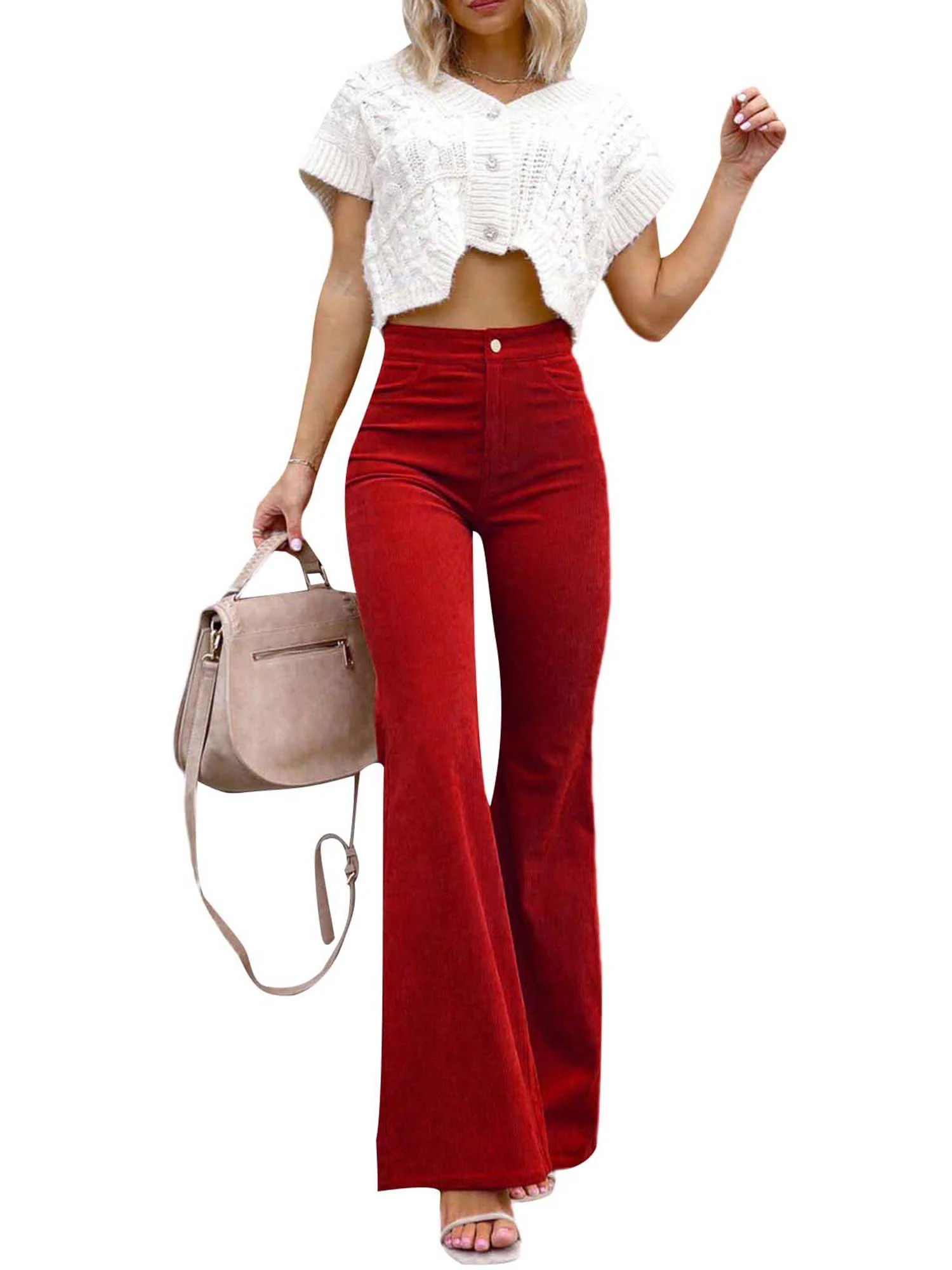 Women Corduroy Flare Pants Elastic Waist Bell Bottom Trousers Stretch High Waist Bootcut Bell Bot... | Walmart (US)