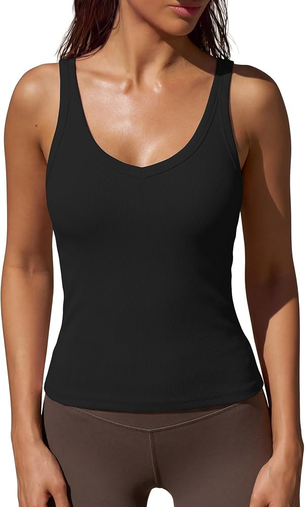 Darong Women's Ribbed Tank Top with Built-in Bra V Neck Sleeveless Shirts | Amazon (US)