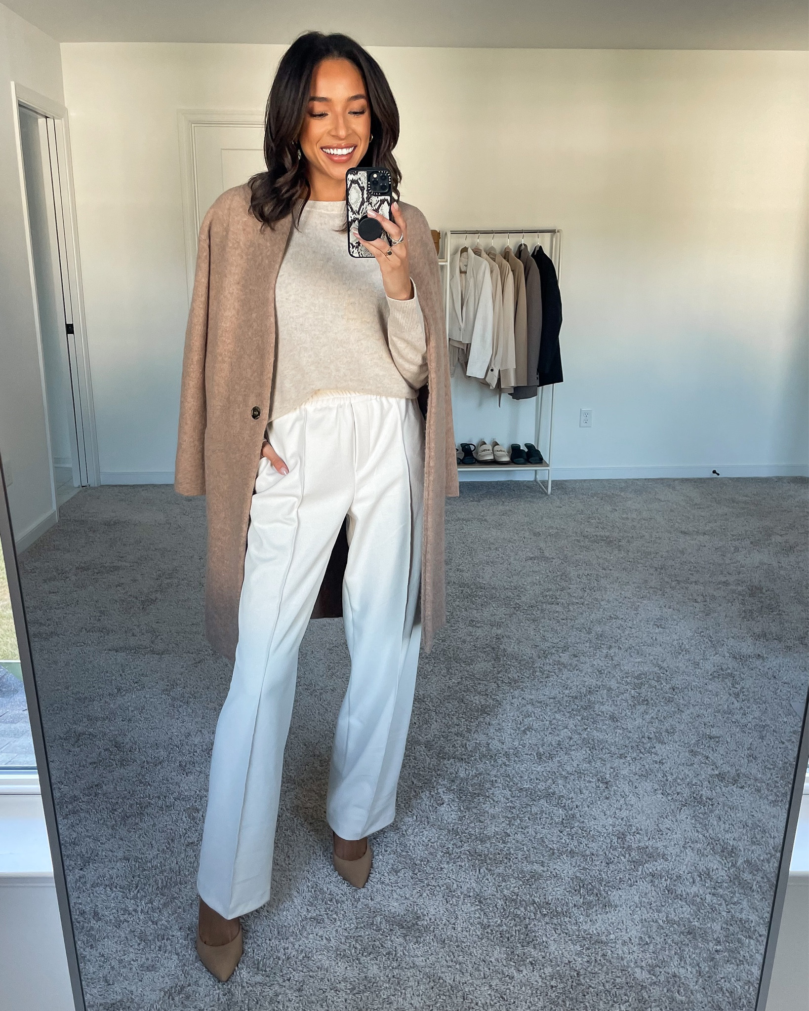 XXS in cardigan coat (runs large), M in cashmere sweater (for an oversized fit), 4 in white trousers, pumps fit TTS







Fall outfit
Fall capsule wardrobe
Capsule wardrobe outfit
Fall work outfit
Work outfit 
Workwear outfit
Tan Coat
Camel coat
Wool coat
Coatigan
Tan sweater
Beige sweater
Work trousers
Comfy trousers

#LTKstyletip #LTKworkwear #LTKSeasonal