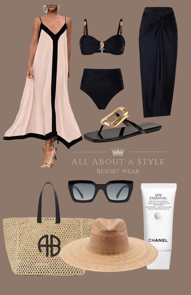 Love a polished resort moment that feels effortlessly chic. 

Neutral glam with a bold contrast - this look takes you from poolside lounging to sunset dinner without missing a beat. The black & cream maxi is a statement on its own, and paired with the chic bikini, wrap skirt, oversized sunnies, woven tote, and luxe SPF... it's giving elevated getaway energy. 

#resortwear #vacation #elevated