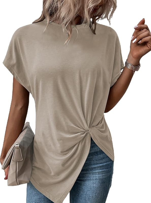 Remidoo Women's Asymmetrical Hem Round Neck Short Sleeve Twist Knot T Shirt Top | Amazon (US)