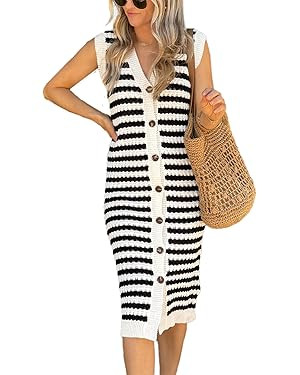 BLENCOT Women's V Neck Striped Sweater Tank Dress Causal Sleeveless Button Cardigan Midi Cover Up... | Amazon (US)