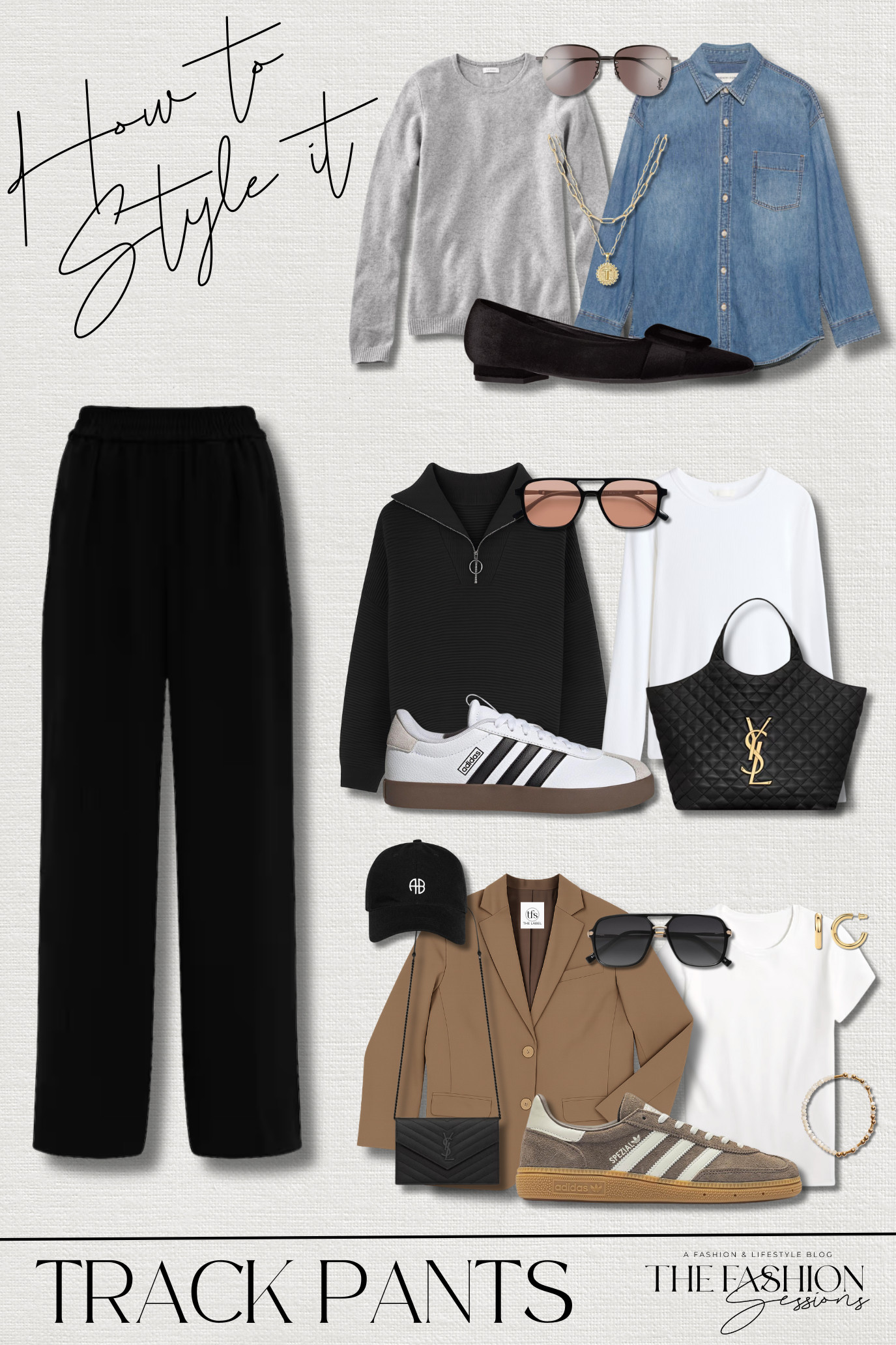 Track pants are having a moment, & I’m here for it. There are so many ways to style these pants! Easily worn ultra-casual or elevated to comfy chic. This is a trend you ought to jump on! 
track pants | cashmere sweater | denim shirt | pointed-toe flats | aviator sunglasses | gold pendant necklace | quarter zip pullover | long sleeve tee | saint laurent bag | adidas vl court sneakers | morse code bracelet | tfs the label cameron blazer | adidas sambas | anine bing cap | gold hoop earrings | wardrobe capsule | casual outfit 

 #LTKActive #LTKOver40 #LTKFindsUnder100
