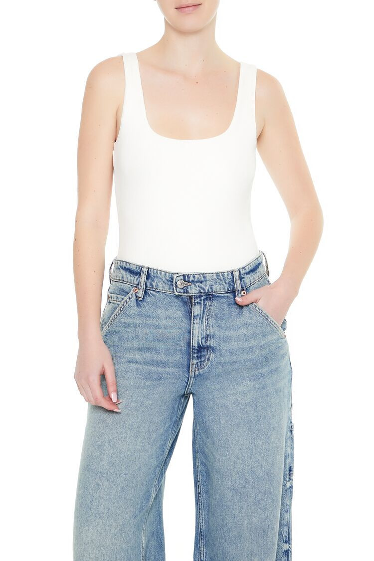 Women's Textured V-Back Tank Bodysuit in White Medium | Forever 21