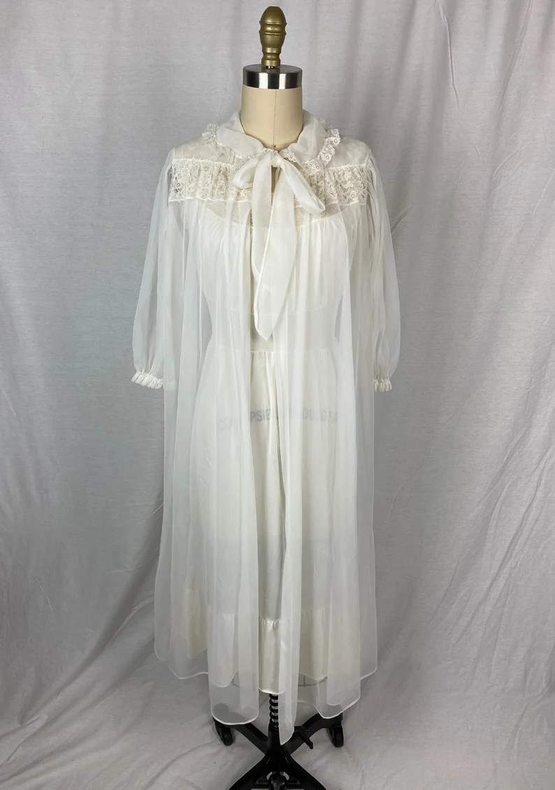 Vintage 1960s Peignoir // Size Medium // 60s 60s White Sheer Robe Dressing Gown Lace Nightgown Sl... | Etsy (US)