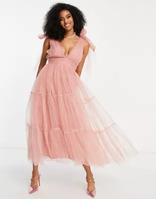 Lace & Beads Bridesmaid tiered midaxi dress in blush | ASOS (Global)