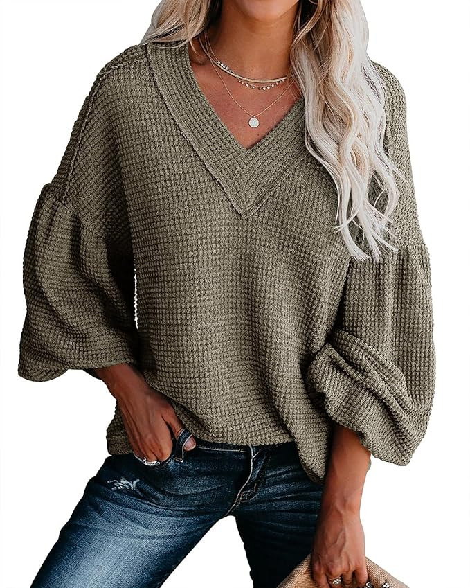 Womens Casual Waffle Knit Shirts Tunic Tops Oversized Sheer V Neck Balloon Sleeve Sweaters Loose ... | Amazon (US)