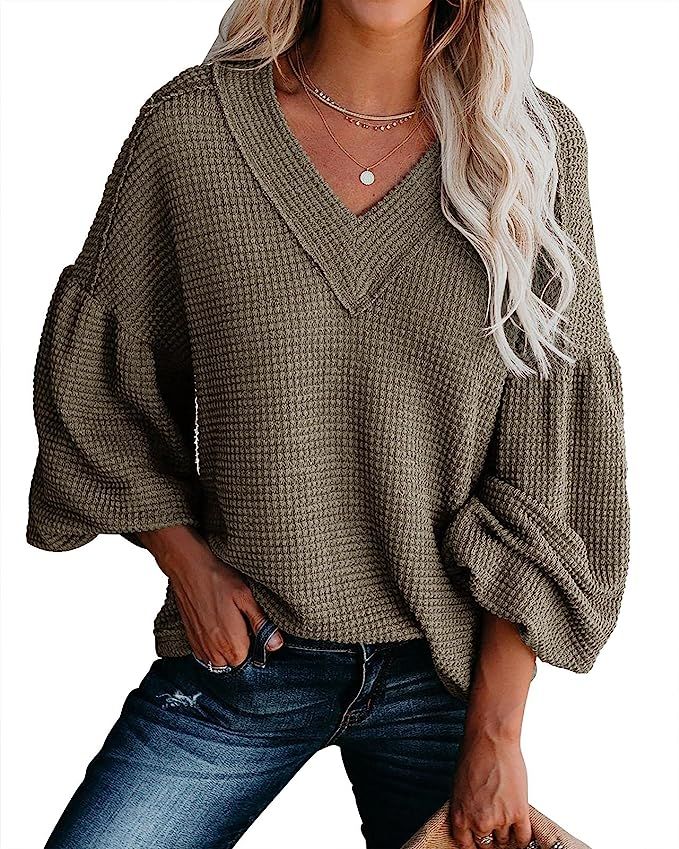Womens V Neck Waffle Knit Shirts Oversized Sweaters Thermal Casual Blouses Tops Balloon Sleeve Lo... | Amazon (US)
